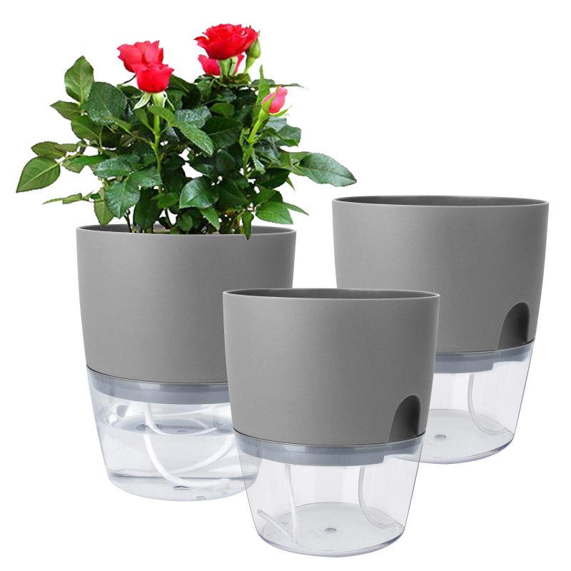 Vanavazon 6 Inch Self Watering Planter Pots for Indoor Plants, 3 Pack African Violet Pots with Wick Rope-Grey - Image 1